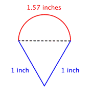 The image shows an ice-cream-cone-shaped figure that is a composite of an equilateral triangle and a semi-circle on the top. The length of the semi-circle is 1.57 inches.