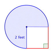 An image shows a composite figure made up of three-quarters of a circle and a square. The radius of the circle is 2 feet.