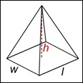 The figure shows a transparent four-sided pyramid. The length is labeled l, the width is labeled W, and the height, which is indicated by a dotted line from the top to the base, is labeled H.