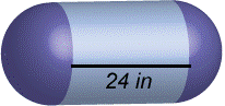 An image shows the solid is a capsule made up of a cylinder with a half-sphere on each end. The height of the cylinder is 24 inches.