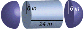 An image shows the solid is a capsule made up of a cylinder with a half-sphere on each end. The radius of the cylinder is 6 inches and the height is 24 inches. The radius of the sphere is 6 inches.