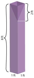 The image shows a solid rectangular prism with an inverted pyramid that is hollowed out at the top. The rectangular prism is 1 foot long, 1 foot wide, and 8 feet high. The inverted pyramid is 1 foot long, 1 foot wide, and 2 feet high.