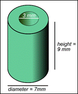 The image shows a three-dimensional cylinder that has a hole, also in the shape of a cylinder, going through its center. The height of the cylinder is 9 millimeters. The diameter of the cylinder is 7 millimeters. The diameter of the hole is 3 millimeters.