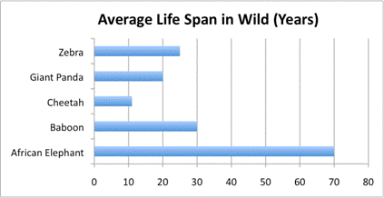 A horizontal bar graph entitled Average Life Span in Wild shows lifespan, in 10-year intervals, on the x-axis and Zebra, Giant Panda, Cheetah, Baboon, and African Elephant on the y-axis. Zebra is a bar that reaches precisely between 20 and 30 years. Giant Panda reaches 20 years. Cheetah reaches just past 10 years. Baboon reaches 30 years. African Elephant reaches 70 years.