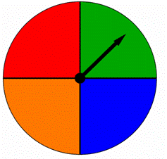 An image shows a spinner that is divided into 4 equal parts. Each part is a different color: blue, green, red, and orange.