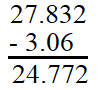 Twenty-seven point eight three two minus three point zero six is twenty-four point seven seven two.