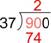 An image shows a long division problem. The dividend is 900. The divisor is 37. The quotient is 2. Multiply the quotient, 2, by the divisor, 37, which equals 74 and is placed below 90, the first two digits in the dividend.