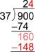 A long division problem is shown. The dividend is 900. The divisor is 37. The final quotient is 24. Multiply the first part of the quotient, 2, by the divisor, which equals 74 and is placed below the 90 in the dividend. 74 is subtracted from 90, the first two digits of the dividend, which equals 16. Bring down the zero from the dividend to make 160. Next, 4 is added to the quotient, making it 24. The 4 in the quotient is multiplied by the divisor, resulting in 148, which is subtracted from 160 in the line above it.