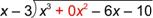 An image shows a long division problem. The dividend is X cubed plus 0 X squared minus 6 X minus 10. The divisor is X minus 3.