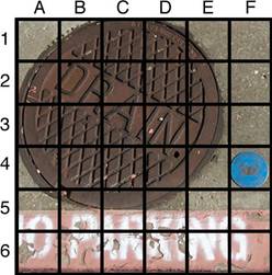 An image shows a photo looking down at a manhole and a stenciled “no parking” sign is overlaid with a six-by-six square grid. The columns are labeled A, B, C, D, E, and F. The rows are labeled 1, 2, 3, 4, 5, and 6.