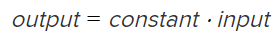 A formula shows output equals constant times input.