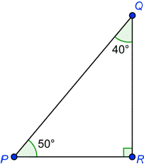 An image shows right triangle P Q R. Angle P is 50 degrees, angle Q is 40 degrees, and angle R is 90 degrees. Side P Q is the hypotenuse. Side Q R forms angle Q with the hypotenuse. Side P R does not form angle Q.