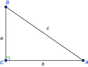 An image shows right triangle A B C. The sides are also labeled A, B, and C. Angle A is opposite side A, adjacent to side B, and side C is the hypotenuse.