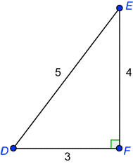 An image shows right triangle D E F. Side D E is the hypotenuse and it is labeled 5. Side E F is opposite angle D and it is labeled 4. Side D F is adjacent to angle D and it is labeled 3.