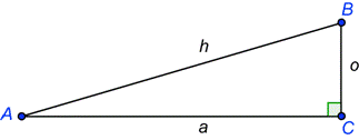 An image shows right triangle A B C. Side A B is the hypotenuse and it is labeled H. Side B C is opposite angle A and it is labeled O. Side A C is adjacent to angle A and it is labeled A.
