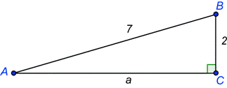 An image shows right triangle A B C. Angle A is the angle of elevation. Side A B is the hypotenuse or ramp and it is labeled 7. Side B C is opposite angle A and it is labeled 2. It shows the end of the ramp that is 2 feet above the ground. Side A C is adjacent to angle A and it is labeled A.
