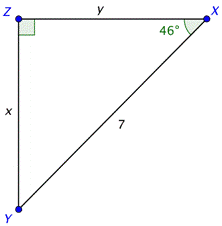 An image shows right triangle X Y Z. Angle X is 46 degrees, angle Y is not labeled, and angle Z is 90 degrees. Side X Y is the hypotenuse and it is labeled 7. Side Y Z is opposite the 46-degree angle and it is labeled X. Side X Z is adjacent to the 46-degree angle and it is labeled Y.