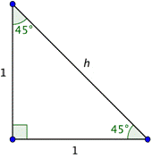 An image shows a right triangle with a 90-degree angle and two 45-degree angles. The legs are labeled 1 and the hypotenuse is labeled H.