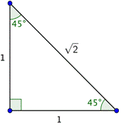 An image shows a right triangle with a 90-degree angle and two 45-degree angles. The legs are labeled 1 and the hypotenuse is labeled the square root of 2.