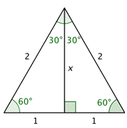 An image shows an equilateral triangle split down the middle to make two triangles. Each triangle has angle measures: 30 degrees, 60 degrees, and 90 degrees. The hypotenuse of each triangle is labeled 2, the base of each triangle is labeled 1, and the height of each triangle is labeled X.