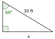 An image shows a right triangle with some labeled angles and sides. The given angle measurements are 60 degrees and 90 degrees. The hypotenuse is labeled 30 feet. The side opposite the 60-degree angle is labeled X.
