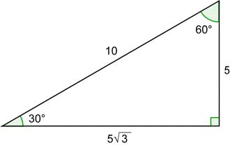 An image shows a 30-degree, 60-degree, 90-degree right triangle. The hypotenuse is labeled 10. The side opposite the 30-degree angle is labeled 5. The side adjacent to the 30-degree angle is labeled 5 times the square root of 3.