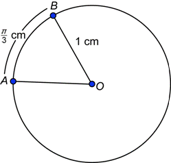 An image shows a circle with central angle A O B. The center is point O and points A and B are on edges of the circle. It has a radius, R, labeled 1 centimeter and an arc length, S, labeled pi over 3 centimeters.