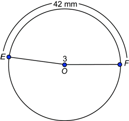 An image shows a circle with central angle E O F. The center is point O and points E and F are on edges of the circle. The arc length, S, for arc E F is labeled 42 millimeters, and central angle E O F has a measure of 3 radians. The radius, R, is unknown.